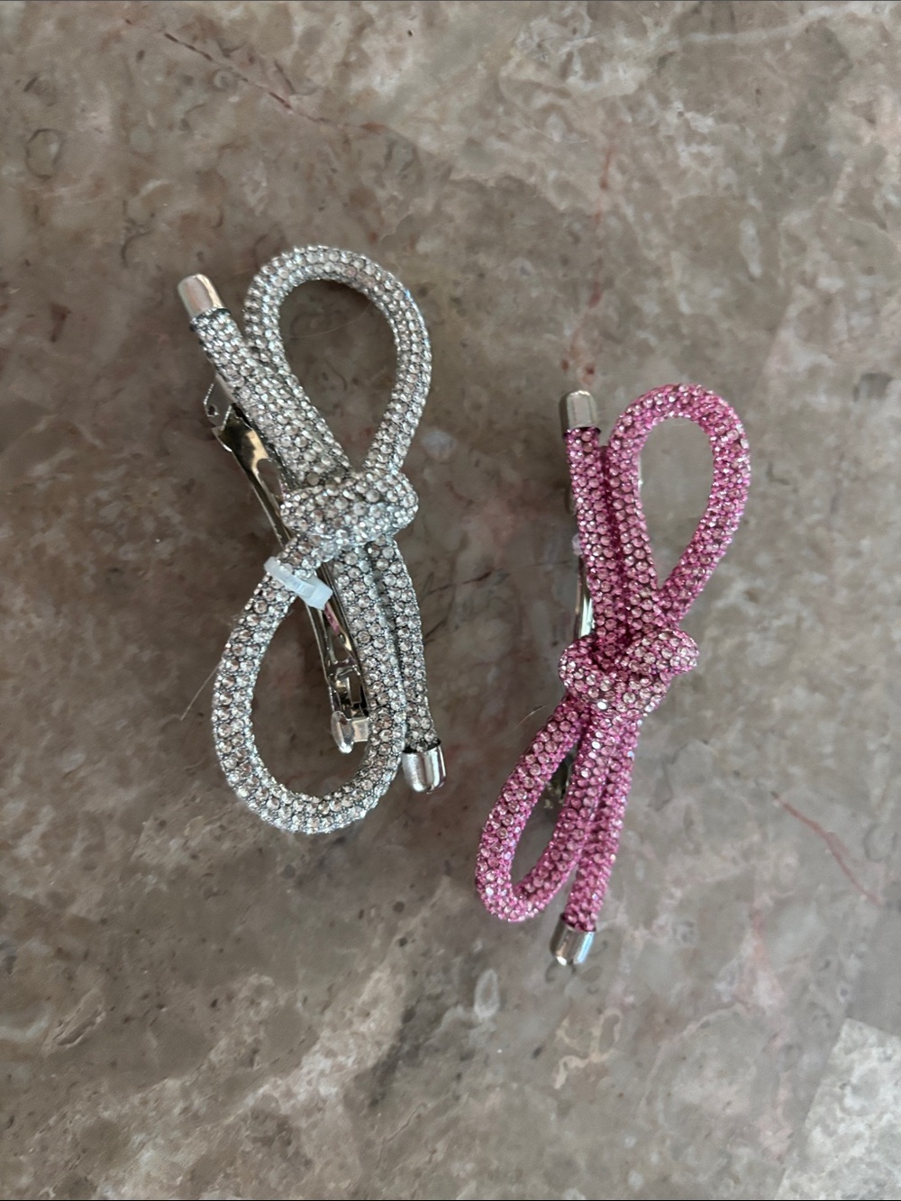 Rhinestone Knot Bow Hair Clips - Pink & Silver